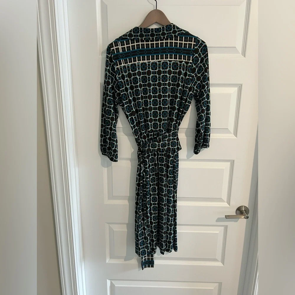 Talbots Wrap Dress Black Blue Geometric Print Size 12